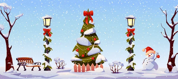 Paysage de Noël, décorations de rue, guirlandes — Image vectorielle