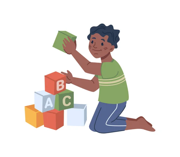 Мальчик играет в образовательные деревянные кубики с ABC — стоковый вектор