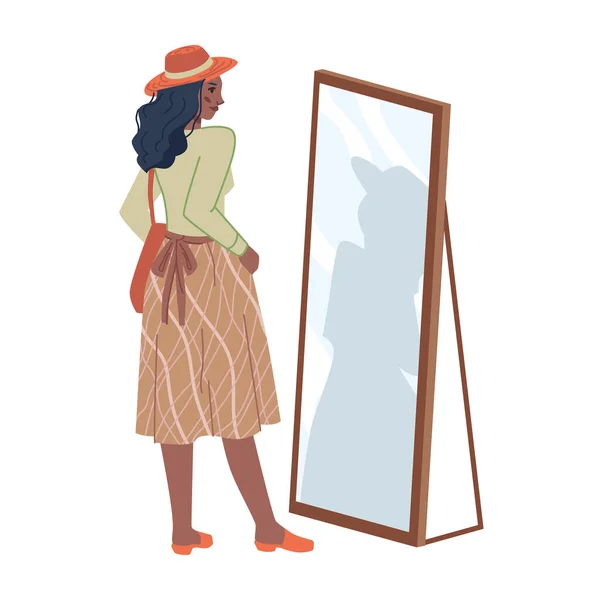 Mujer en falda mirando en el espejo en probador — Vector de stock