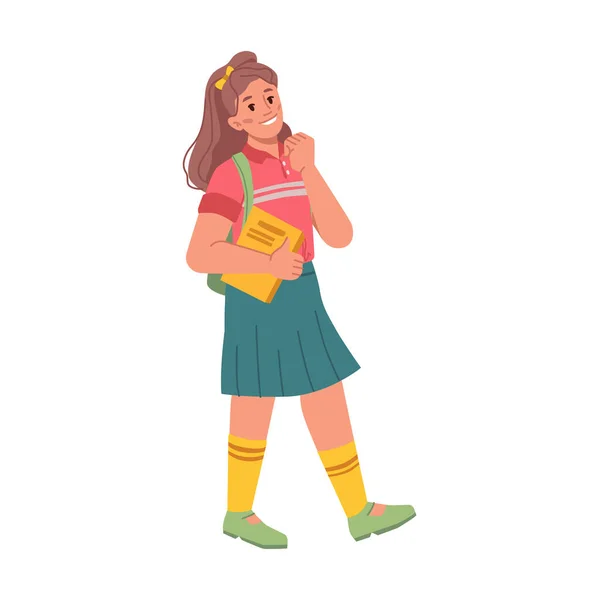 Chica preadolescente con libro y bolso a pie a la escuela — Vector de stock