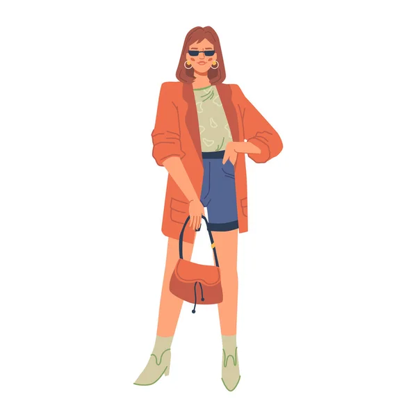Mulher na moda outono primavera casaco, botas, saco —  Vetores de Stock