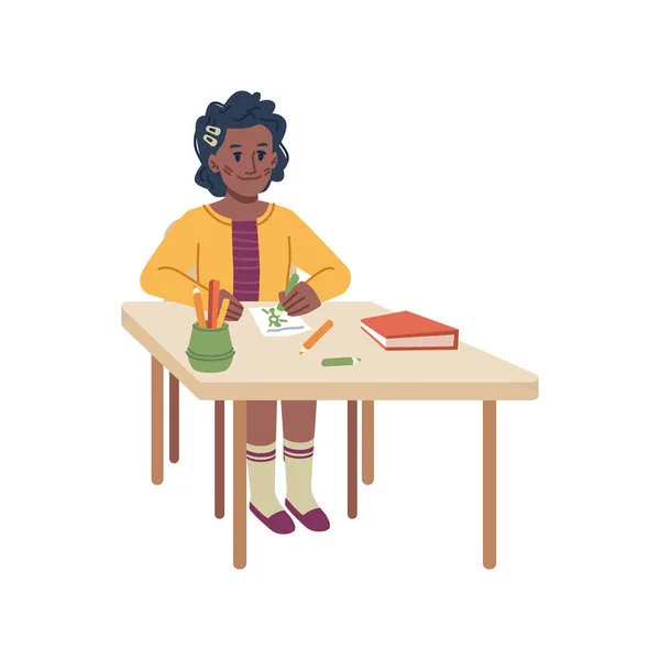 Criança sentada à mesa e desenho com lápis de cor —  Vetores de Stock