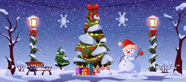 Noche de Navidad, árbol y muñeco de nieve, linternas — Vector de stock