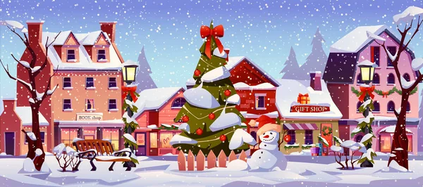 Nowy Rok ulica w śniegu, Boże Narodzenie miasta krajobraz — Wektor stockowy