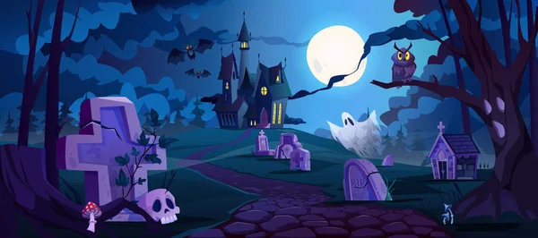 Night landscape on Halloween, castle and graves