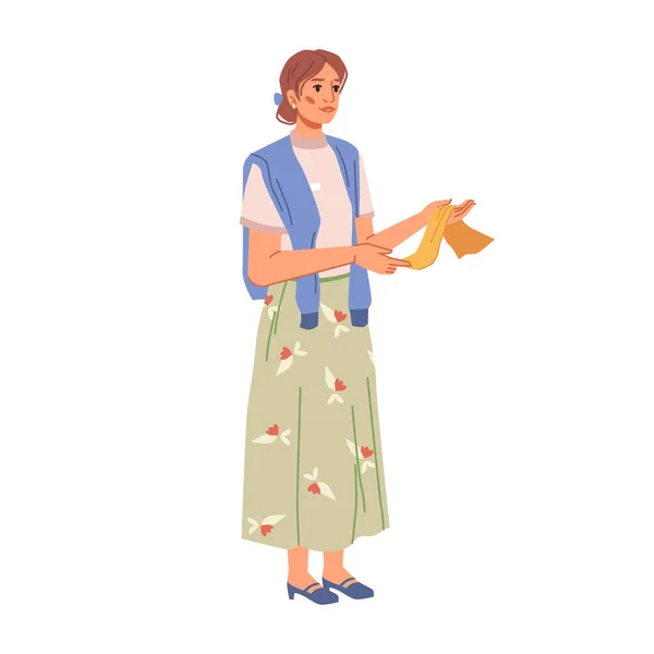 Femme en jupe longue tenant écharpe en tissu dans les mains — Image vectorielle
