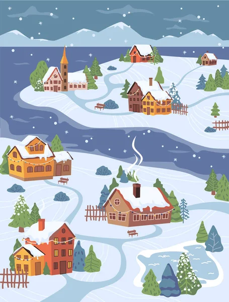 Invierno Navidad paisaje ciudad pueblo montañas — Vector de stock