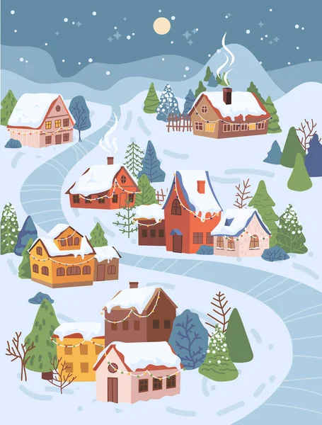 Winter Kerstlandschap 's nachts cottage huizen — Stockvector