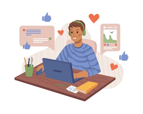 Boy communicating in social networks on computer — Stock Vector