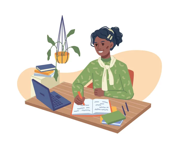 Menina afro-americana fazendo lição de casa, laptop de computador —  Vetores de Stock