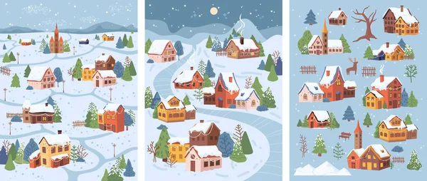 Paysage de Noël hiver maisons de campagne — Image vectorielle