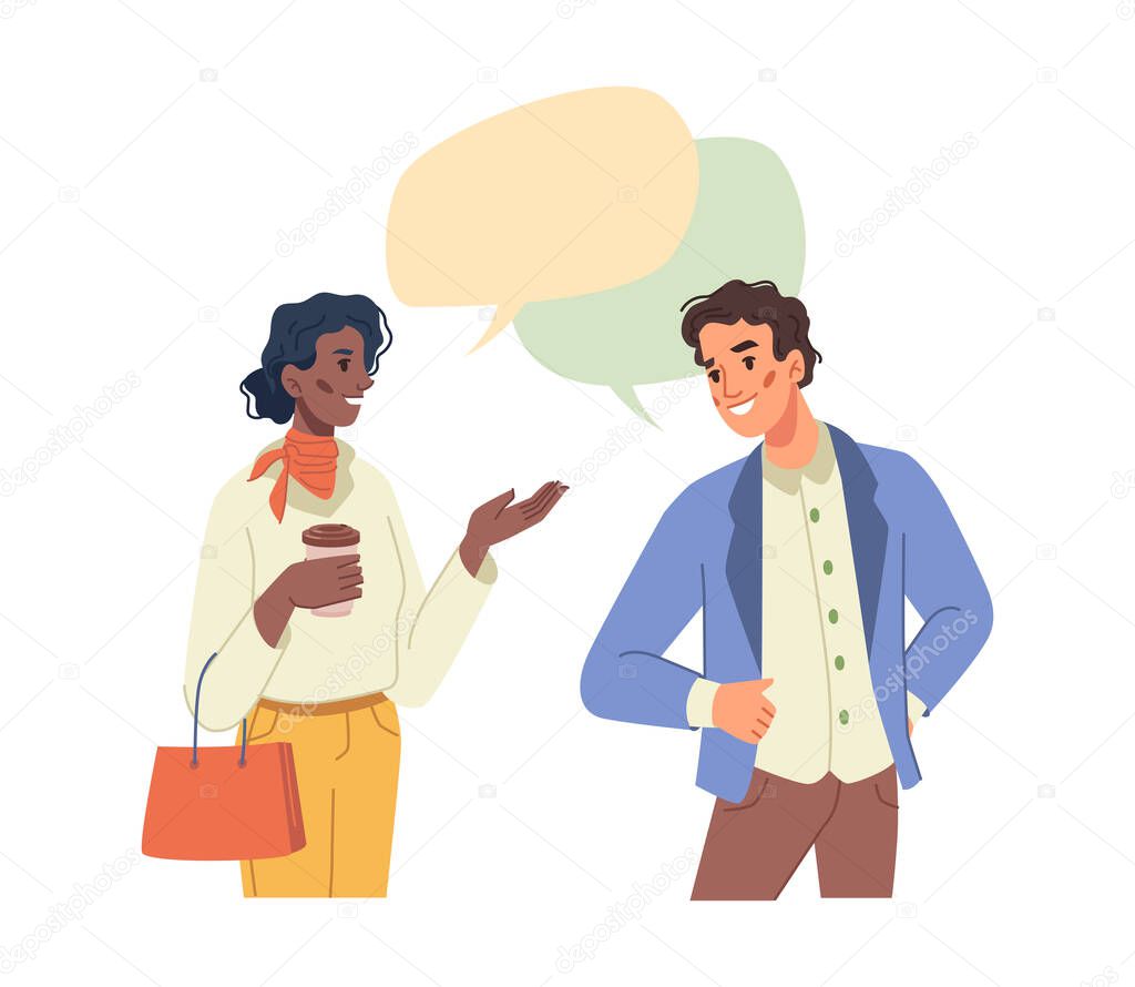 Man woman multiethnic people talking speech bubble
