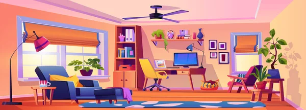 Tempat kerja di rumah, desain interior ruang tamu - Stok Vektor
