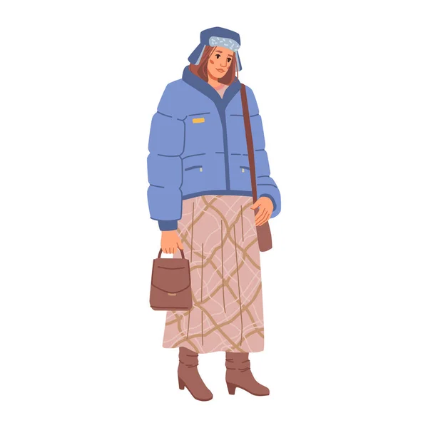 Υπερμεγέθη γυναίκα με σακάκι, μακριά φούστα. Χειμερινό στυλ — Διανυσματικό Αρχείο