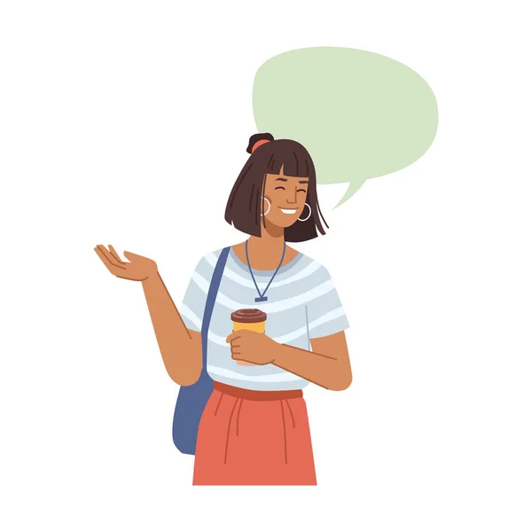 Χαμογελαστή γυναίκα με καφέ, chat bubble διαλόγου — Διανυσματικό Αρχείο