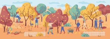 Sonbahar bahçesinde meyve toplayan çiftçiler