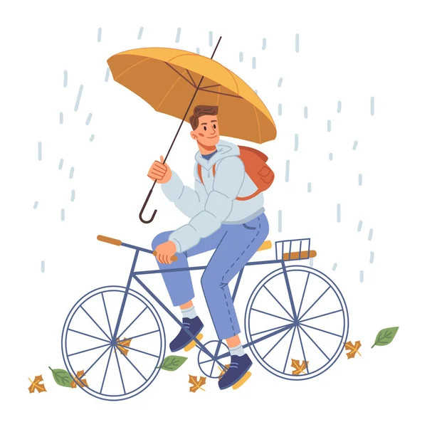 Человек на велосипеде под дождем, мальчик с зонтиком — стоковый вектор
