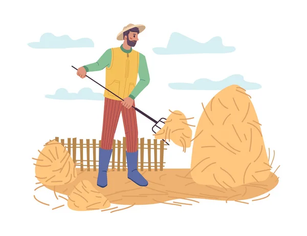 Εργαζόμενος γεωργός με hayfork και ξηρό γρασίδι στον αγρό — Διανυσματικό Αρχείο