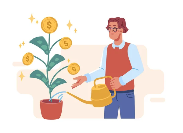 Επιχειρηματίας πότισμα δέντρο χρημάτων σε γλάστρα, επενδύσεις — Διανυσματικό Αρχείο