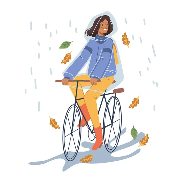 Žena v pláštěnce na kole pod dešťovým vektorem — Stockový vektor