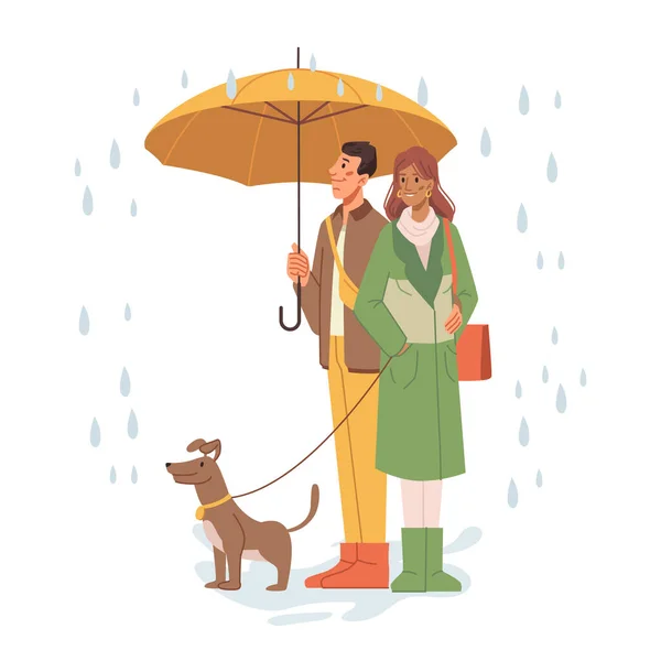 Homem e mulher andando cão sob vetor de chuva outono —  Vetores de Stock