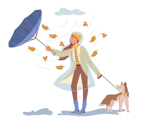Женщина, выгуливающая собаку под сильным дождём — стоковый вектор