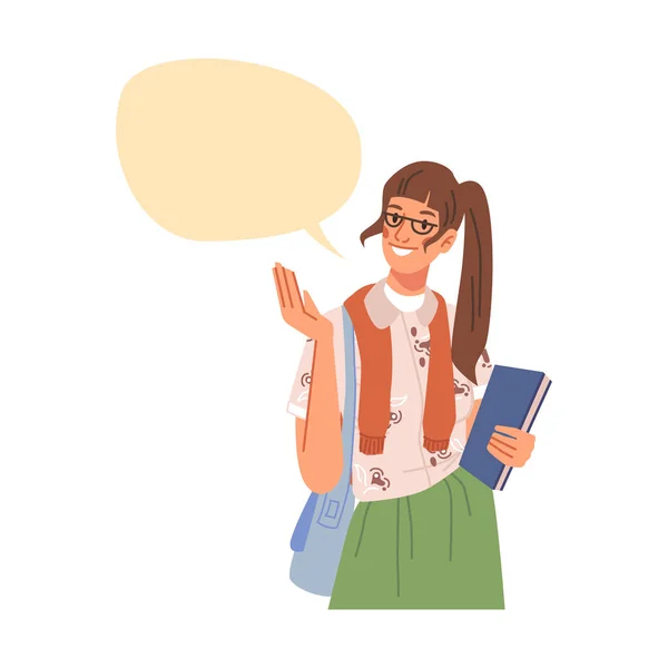 . Woman showing on empty speech bubble chat box — Stock Vector