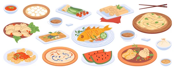 Año Nuevo chino cena festiva, comida en platos — Vector de stock