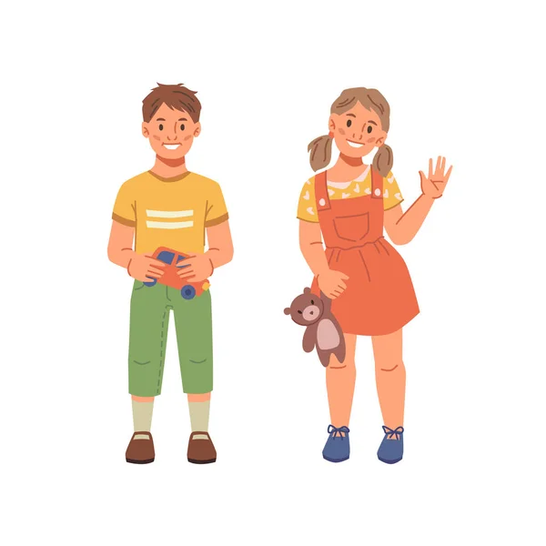Νηπιαγωγείο φίλο καρτούν αγόρι και κορίτσι με παιχνίδια — Διανυσματικό Αρχείο