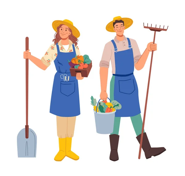 庭と農民の農業労働者フラット漫画 — ストックベクタ