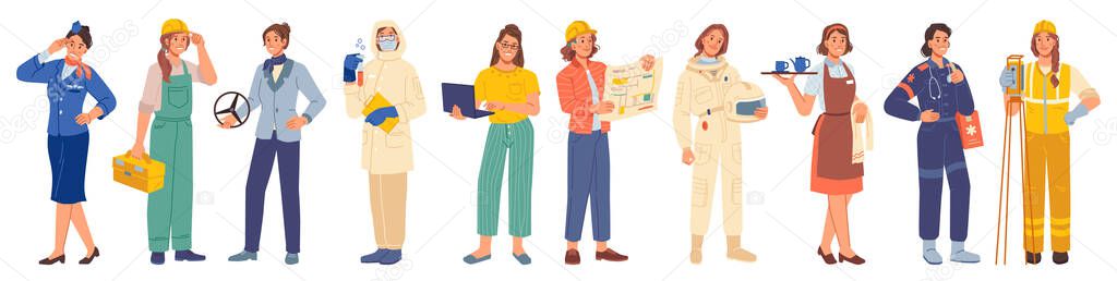 Professions woman occupations isolated cartoon set