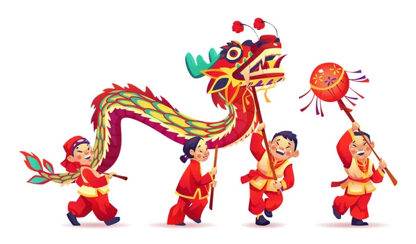 중국의 신년 축제 사람들 이 종이 용을 들고 있다 — 스톡 벡터