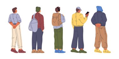 People waiting in line, queuing personages. Vector in flat style, isolated character men teenagers standing still or talking on phones. Guys wearing casual clothes, carrying backpacks on shoulders