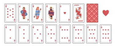 Number and face playing cards for poker, open deck with joker. Vector board games for children and adults. Entertainment and having fun, hobbies and leisure, pastime and improvement of skills