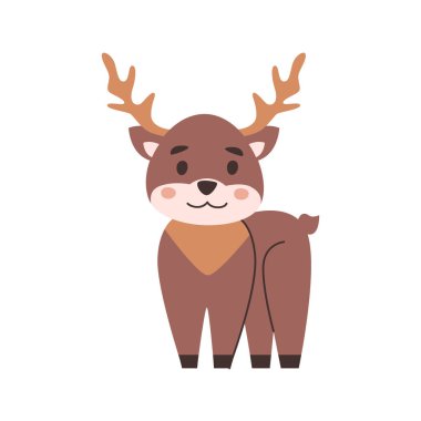 Cute Christmas character, isolated deer with antlers. Vector in flat style, kawaii personage for greeting xmas postcards, emoticon or sticker. Friendly expression, holidays celebration design