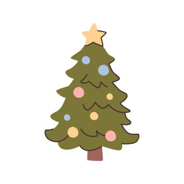 Pine tree for Christmas holidays, winter season fun. Vector in flat style, isolated xmas decor, baubles and balls, stars and gloving garlands. Seasonal festivities, postcard design, sticker emoticon