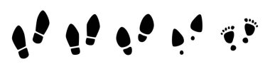 Traces of womens shoes. Vector isolated set of female footprints. Stilettos or knee high boots, barefoot and moccasins. Steps silhouette collection. Imprints of ladies footwears in grunge style