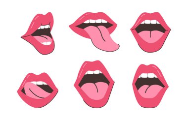 Female character sticking out tongue. Vector isolated set of red colored lips, mouth with teeth and expressions. Stickers retro or vintage fashionable symbol. Cosmetics and makeup advertisement