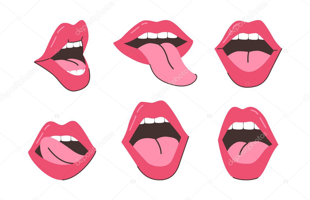 Female character sticking out tongue. Vector isolated set of red colored lips, mouth with teeth and expressions. Stickers retro or vintage fashionable symbol. Cosmetics and makeup advertisement