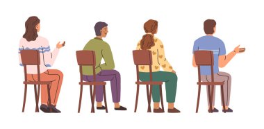 People occupying chairs, isolated rear view. Vector young men and women characters sitting, talking and discussing problems. Students and courses participants. University and college scholars