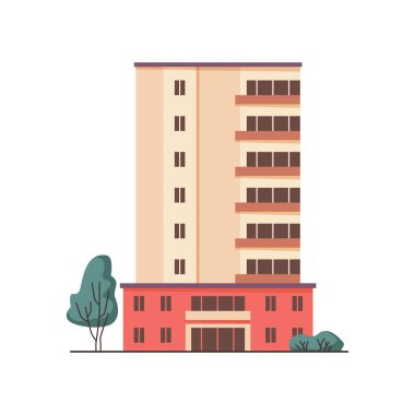 Modern residential building with glass entrance, urban high structure for apartments with lobby and balconies. Vector isolated downtown or town center construction with greenery, homes for citizens