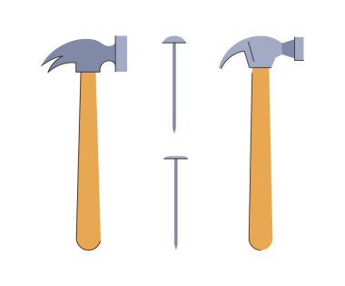 Marangoz ya da inşaat işçileri için bir alet. Düz stil vektör, ahşap saplı ve çelik çivili izole çekiç seti, el işi için alet çantası.