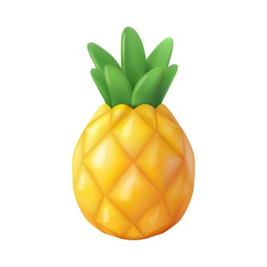 Yapraklı egzotik olgun ananas. Vektör 3 boyutlu taç meyvesi, gurmeler, vejetaryenler ve vejetaryenler için sağlıklı gıdaların organik ürünü. Tatlı ve içecek yapmak için ayrıştırılmış lezzetli malzeme.