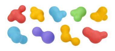 Sıvı kabarcıklar şekiller ve formlar ayarlandı. Uçuşta soyut renkli kürelerin izole edilmiş vektör koleksiyonu. Renkli baloncukların gerçekçi 3D canlandırması. Lav lambası bileşeni, sanat tasarım elementleri