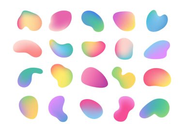 Soyut, parlak renkli lekeler ve şekiller. Dekoratif modern moda tasarımının vektör izole seti, dönüşümlü kabarcıklar. Gökkuşağı efektli resimler, dinamik ve canlı düzenleme