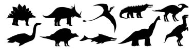 Tarih öncesi yaratıklar, izole edilmiş dinozor siluetleri. Dinozor, uçan ve deniz türleri, kertenkele ve stegosaurus, triceratops karakterleri. Çocukların iç tasarımı veya çıkartmaları