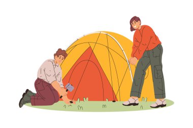 Erkek ve kadın dışarıda uyumak için çadır kuruyorlar. Düz stil bir vektör, izole edilmiş bir çift kamp yapıyor ve dışarıda dinleniyor. Yürüyüş ve sırt çantası, erkek ve kadın, aktif bir yaşam tarzı.