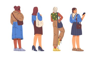 Sıraya dizilmiş insanların arka görüntüsü. Düz stil vektörü, soyutlanmış karakterler sıradan kıyafetler giyen kızlar telefona bakıyor, sohbet ediyor ya da konuşuyor. Bir sürü insan dükkânda ya da havaalanında bekliyor.