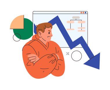 Borsa kaybı, tecrit edilmiş insan karakteri mali faaliyet veya yatırımdan memnun değil. Daire şeklinde vektör, ticaret ve iş. Oku inen çizelge, çalışmayan strateji