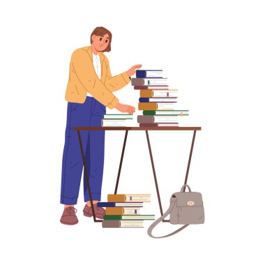 Kitap yüklü bir kız öğrenci, kütüphaneden ders kitapları ödünç alıyor. Düz stilde vektör, üniversitede ya da üniversitede proje ya da sınav görevine çalışan ve hazırlanan izole genç karakter